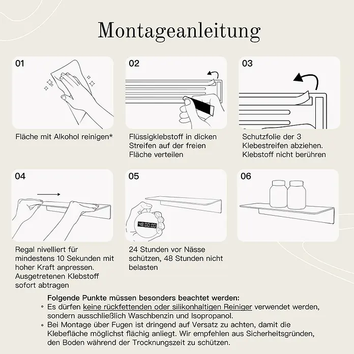 Designfabrik Hamburg Badablage - Breite: 30 cm, Aluminium, Weiß - Montageanleitung für ein Regal: Reinigen Sie die Fläche, tragen Sie Klebstoff auf, entfernen Sie die Schutzfolie und befestigen Sie das Regal.