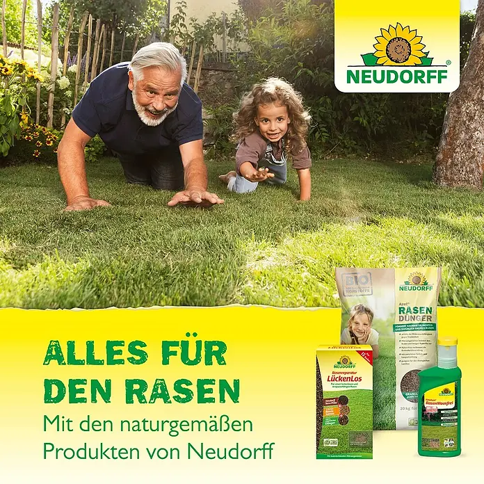 Neudorff Rasensamen Universal - 1 kg, 50 m² - Werbung für Neudorff-Rasendünger mit einem Mann und einem Kind auf dem Rasen.