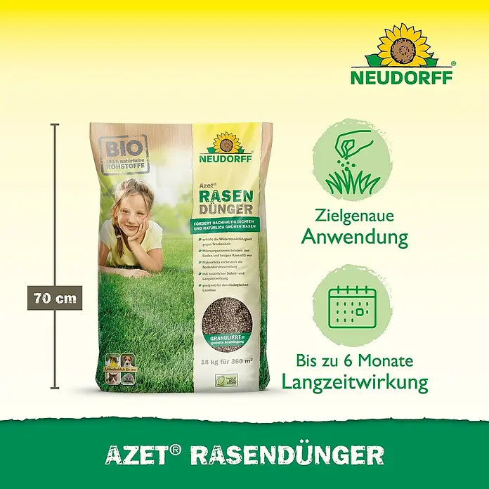 Neudorff Azet Rasendünger - 18 kg, Max. Anwendungsfläche: 360 m² - Bild einer Packung Neudorff Azet Rasendünger, einem organischen Rasendünger für dichten, grünen Rasen mit Langzeitwirkung.