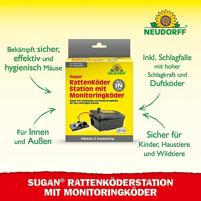 Neudorff Sugan Rattenfalle Köderstation & Duftköder - Schlagfalle, Metall - Sugan Rattenköderstation mit Monitoringköder. Bekämpft Mäuse sicher, effektiv und hygienisch. Inklusive Schlagfalle für sofortigen Einsatz.