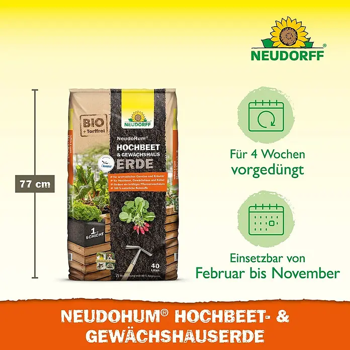 Neudorff NeudoHum Hochbeeterde - 40 l - Produktabbildung von NeudoHum Hochbeet- & Gewächshauserde, torffrei, vorgedüngt für 4 Wochen, einsetzbar von Februar bis November.