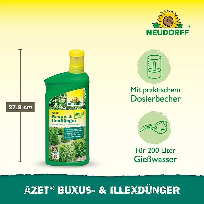 Neudorff Azet Buchsbaumdünger Buxus- & IlexDünger - 1 l - Produktbild eines "Azet Buxus- & Ilexdünger" Flüssigdüngers von Neudorff, ideal für Buchsbaum und Stechpalme, mit Dosierbecher.