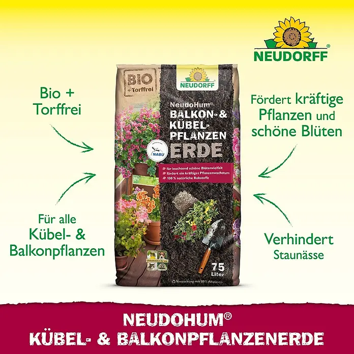 Neudorff NeudoHum Kübelpflanzenerde - 75 l, Torffrei - Neudorff NeudoHum Kübel- & Balkonpflanzenerde: Bio-Blumenerde für kräftige Pflanzen und üppige Blüten auf Balkon und Terrasse.