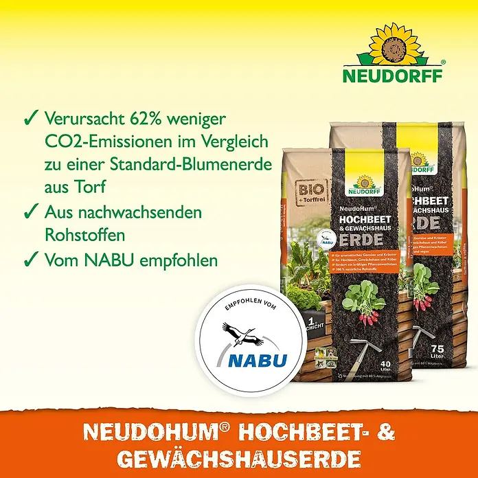 Neudorff NeudoHum Hochbeeterde - 40 l - Abbildung von Neudohum Hochbeet- & Gewächshauserde, einer torffreien Bio-Erde, empfohlen vom NABU für Gemüse und Kräuter.