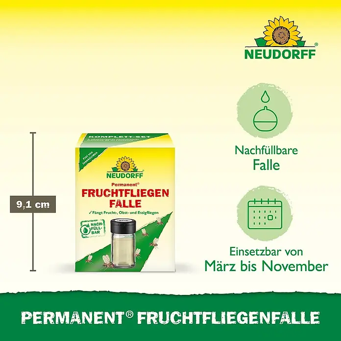 Neudorff Permanent Fruchtfliegen-Falle - 1 Stk. - Produktbild der Neudorff Permanent® Fruchtfliegenfalle, einer nachfüllbaren Falle zur Bekämpfung von Fruchtfliegen, einsetzbar von März bis November.