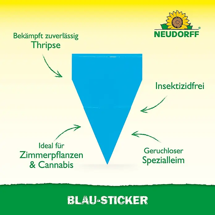 Neudorff Klebefalle Blau-Sticker - Blau, 10 Stk. - Produktabbildung der Neudorff Blau-Sticker zur Bekämpfung von Thripsen, ideal für Zimmerpflanzen und Cannabis, insektizidfrei mit geruchlosem Spezialleim.