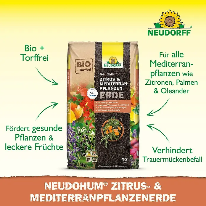 Neudorff NeudoHum Zitruspflanzenerde Zitrus- & Mediterranpflanzen - 40 l - Abbildung einer Packung Neudorff NeudoHum Zitrus- & Mediterranpflanzenerde, torffrei und biologisch für gesundes Pflanzenwachstum.