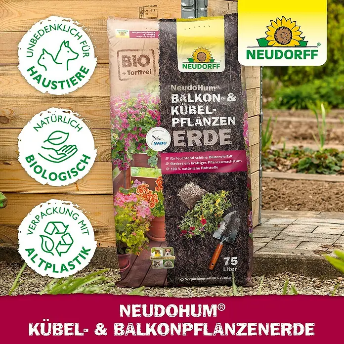 Neudorff NeudoHum Kübelpflanzenerde - 75 l, Torffrei - Bild einer Neudorff NeudoHum Kübel- & Balkonpflanzenerde Packung, die für üppige Blütenvielfalt und kräftiges Pflanzenwachstum sorgt.