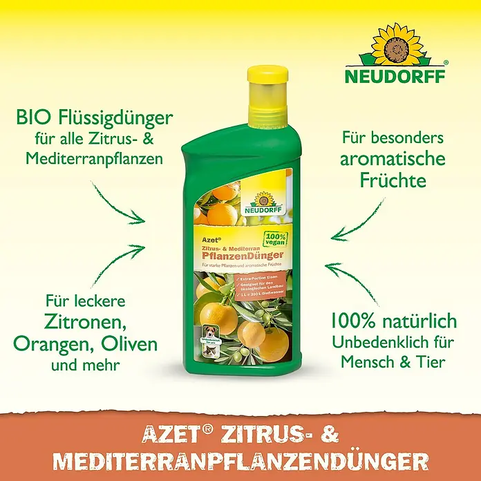 Neudorff Azet Zitrusdünger Zitrus- & Mediterranpflanzen - 1 l - Das Bild zeigt einen Neudorff Azet Zitrus- & Mediterranpflanzendünger, ein Bio-Flüssigdünger für Zitrus- und mediterrane Pflanzen.