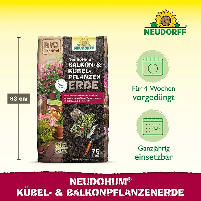 Neudorff NeudoHum Kübelpflanzenerde - 75 l, Torffrei - NeudoHum Kübel- & Balkonpflanzenerde: Bio-Blumenerde für üppige Blütenpracht, 83cm hoch, vorgedüngt für 4 Wochen, ganzjährig einsetzbar.
