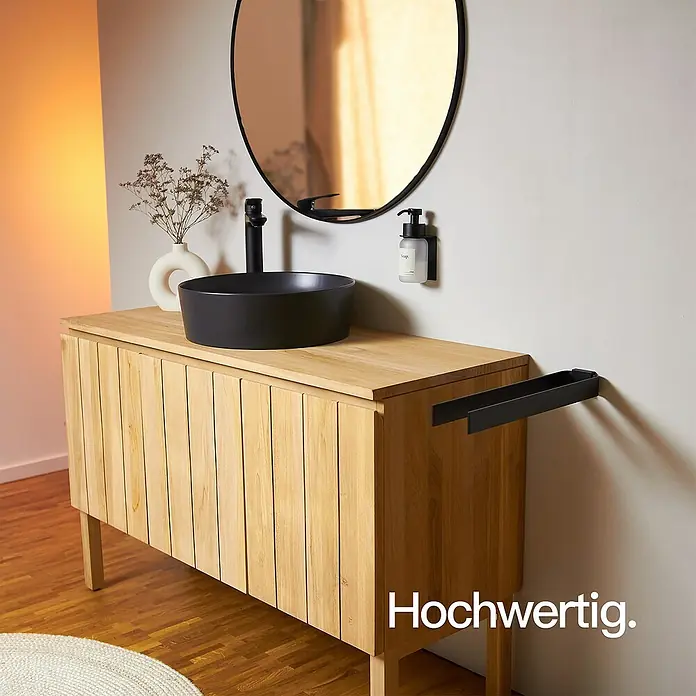 Designfabrik Hamburg Handtuchhalter - Schwarz, Matt, 2 Stk. - Hochwertiger Waschtisch aus hellem Holz mit schwarzem Aufsatzwaschbecken und Spiegel.