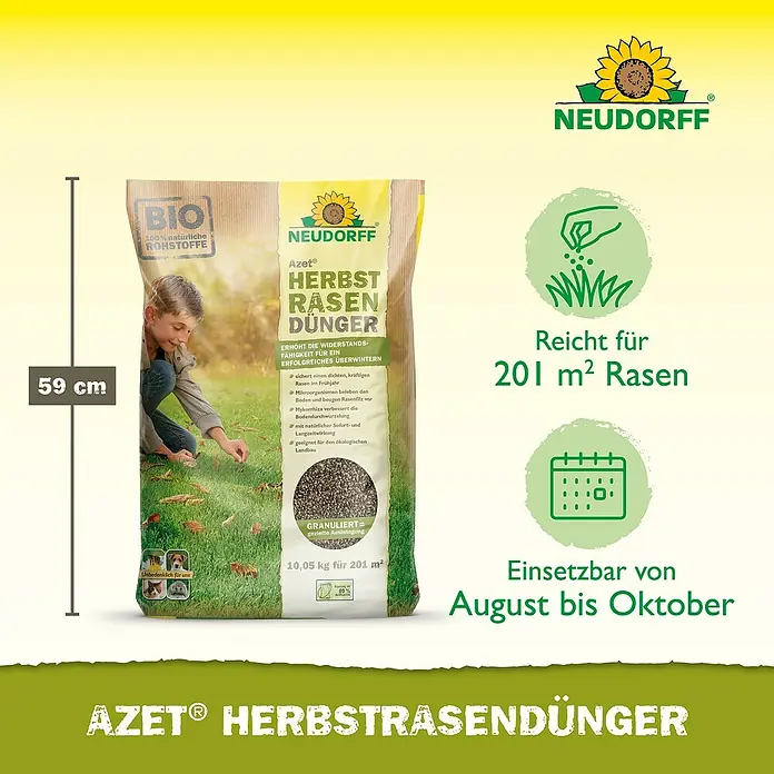 Neudorff Azet Herbstrasendünger - 10,05 kg, Max. Anwendungsfläche: 201 m² - Abbildung einer Packung Neudorff Azet Herbstrasendünger, ein Herbstrasendünger zur Stärkung des Rasens für den Winter.