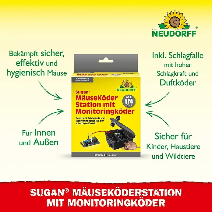 Neudorff Sugan Mausefalle Köderstation & Duftköder - Schlagfalle, Kunststoff - Das Sugan® Mäuseköderstation mit Monitoringköder-Produkt bekämpft sicher, effektiv und hygienisch Mäuse. Für Innen und Außen.