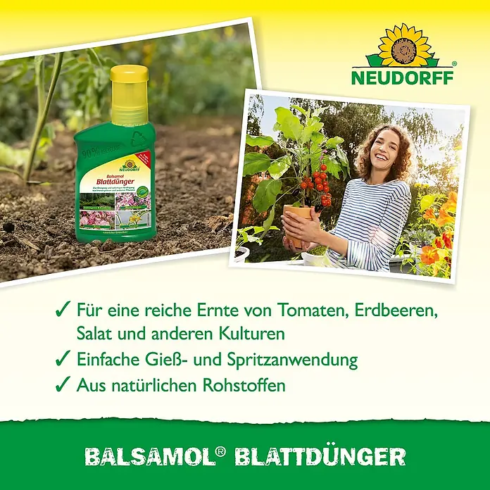 Neudorff Grünpflanzendünger Balsamol Blattdünger - 250 ml - Produktbild von Neudorff Balsamol Blattdünger, einem natürlichen Dünger für reiche Ernten von Tomaten, Erdbeeren und Salat.