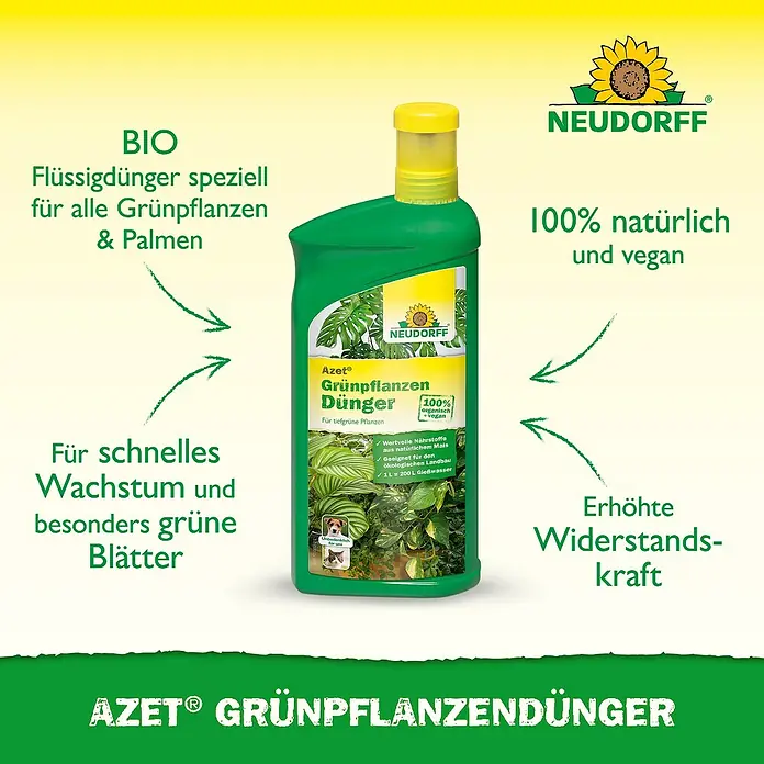 Neudorff Azet Grünpflanzendünger - 1 l - Produktfoto von Neudorff Azet® Grünpflanzendünger, einem Bio-Flüssigdünger für Grünpflanzen und Palmen, der Wachstum und Widerstandskraft fördert.