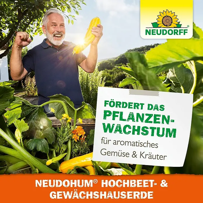 Neudorff NeudoHum Hochbeeterde - 40 l - Der zufriedene Gärtner hält eine Zucchini, beworben wird NEUDOHUM® Hochbeet- & Gewächshauserde für Pflanzenwachstum.