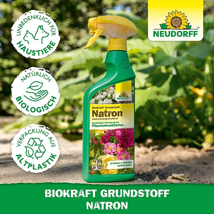 Neudorff BioKraft Grundstoff Natron - 500 ml - Nahaufnahme der Neudorff BioKraft Natron Sprühflasche, ein Produkt zur Bekämpfung von Pflanzenkrankheiten.