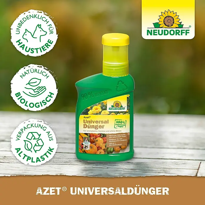 Neudorff Azet Universaldünger - 250 ml - Ein grüner Flasche Neudorff Azet Universaldünger mit gelbem Deckel und Produktinformationen.