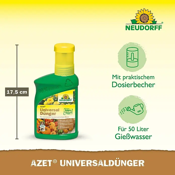 Neudorff Azet Universaldünger - 250 ml - Das Bild zeigt eine Flasche Azet Universaldünger, einen organischen Universal-Dünger für Gemüse und Blüten, inklusive Dosierbecher.