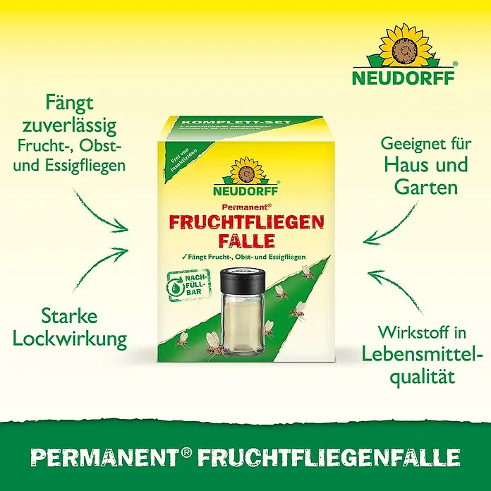 Neudorff Permanent Fruchtfliegen-Falle - 1 Stk. - Bild einer Neudorff Permanent Fruchtfliegenfalle, die Frucht-, Obst- und Essigfliegen zuverlässig fängt, für Haus und Garten geeignet.