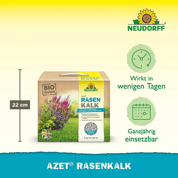 Neudorff Azet Gartenkalk - 5 kg - Eine Packung Azet Rasenkalk von Neudorff. Der Rasenkalk verbessert den pH-Wert und ist für den ökologischen Landbau geeignet.