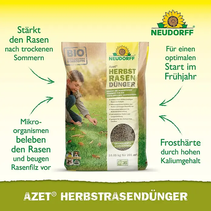 Neudorff Azet Herbstrasendünger - 10,05 kg, Max. Anwendungsfläche: 201 m² - Bild einer Packung Neudorff Azet Herbstrasendünger, einem organischen Dünger für einen starken Rasen im Herbst.