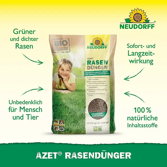 Neudorff Azet Rasendünger - 10,05 kg, Max. Anwendungsfläche: 201 m² - Rasendünger von Neudorff für einen grüneren und dichteren Rasen. 100% natürliche Inhaltsstoffe, unbedenklich für Mensch und Tier.