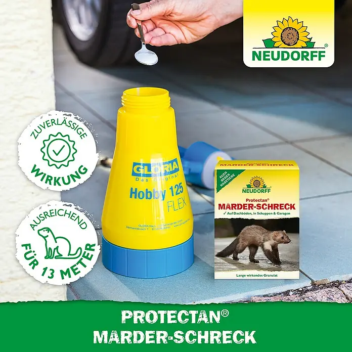 Neudorff Protectan Marder-Schreck - 200 g - Produktfoto von Neudorff Marder-Schreck und Gloria Hobby 125 Flex Sprühgerät zur Marderabwehr, mit zuverlässiger Wirkung für bis zu 13 Meter.
