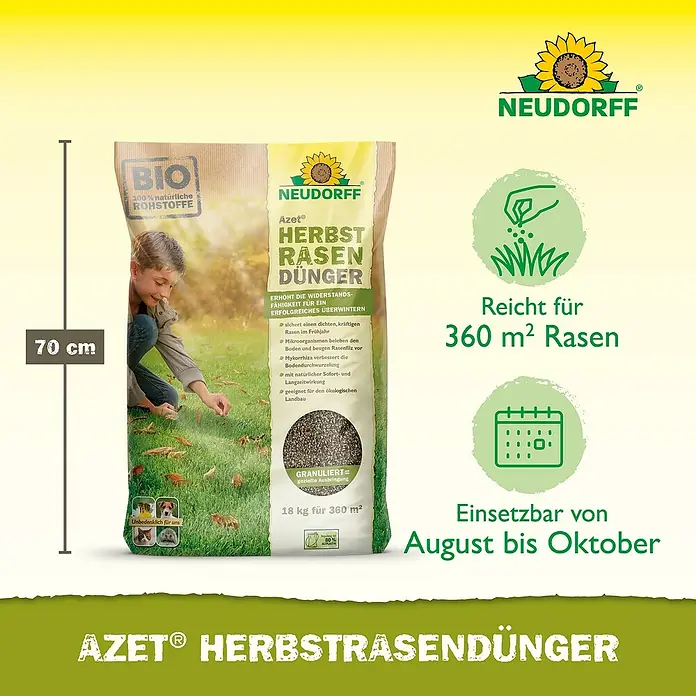 Neudorff Azet Herbstrasendünger - 18 kg, Max. Anwendungsfläche: 360 m² - Bild eines Neudorff Azet® Herbstrasendüngers. Der Herbstrasendünger stärkt den Rasen für den Winter und sorgt für einen dichten, grünen Rasen im Frühjahr.