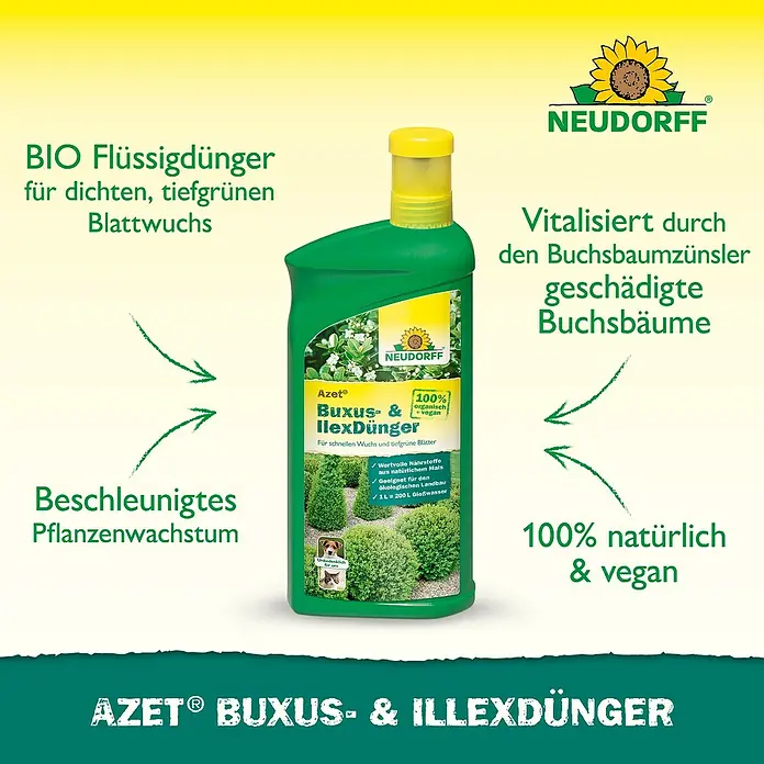 Neudorff Azet Buchsbaumdünger Buxus- & IlexDünger - 1 l - Flüssiger BIO-Dünger von Neudorff für Buchsbaum und Ilex, der das Wachstum fördert und die Pflanzen vitalisiert.