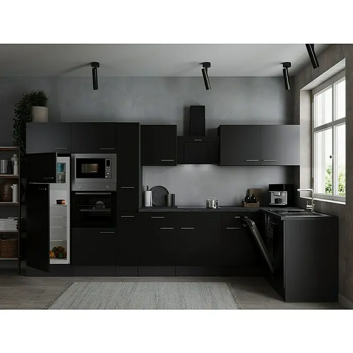 Respekta Olivia Winkelküche - 172 x 370 cm, Schwarz, Mit Elektrogeräten - Eine moderne Küche in Schwarz mit Edelstahlgeräten und viel Stauraum. Das Design ist minimalistisch und funktional.