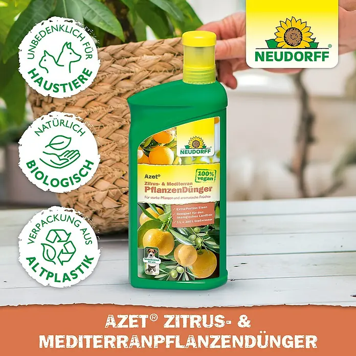 Neudorff Azet Zitrusdünger Zitrus- & Mediterranpflanzen - 1 l - Neudorff Azet Zitrus- & Mediterranpflanzendünger: Ein veganer Spezialdünger für Zitrus- und mediterrane Pflanzen, mit Eisen für Wachstum.