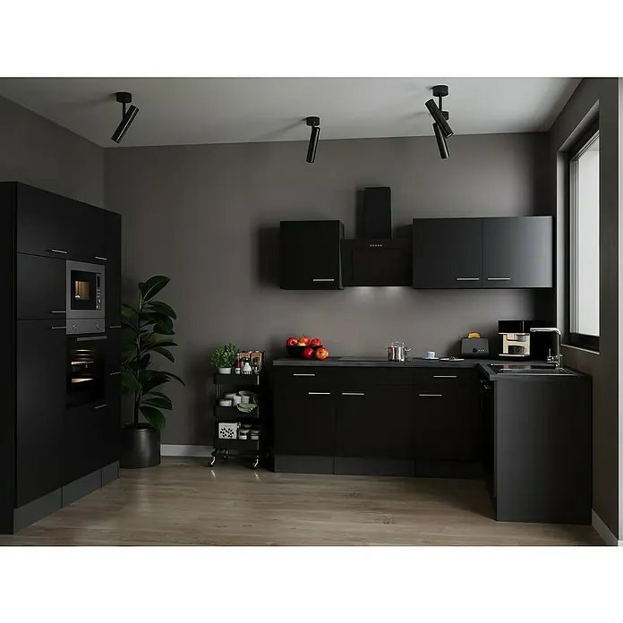 Respekta Olivia Winkelküche - 172 x 370 cm, Schwarz, Mit Elektrogeräten - Elegante schwarze Küche mit modernen Schränken, Geräten und Beleuchtung, die eine stilvolle und funktionale Raumatmosphäre schafft.