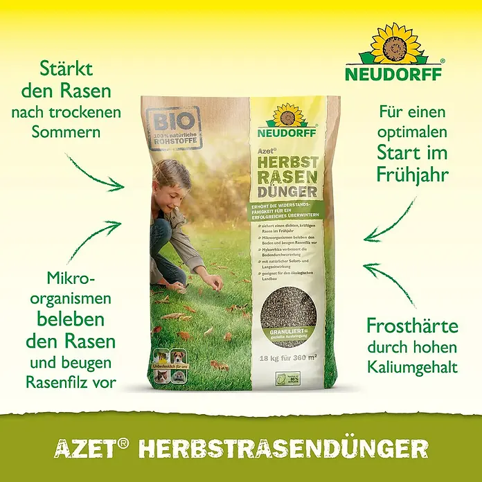 Neudorff Azet Herbstrasendünger - 18 kg, Max. Anwendungsfläche: 360 m² - Die Neudorff Azet Herbstrasendünger-Packung verspricht einen starken Rasen nach dem Sommer und Frosthärte durch Kalium.