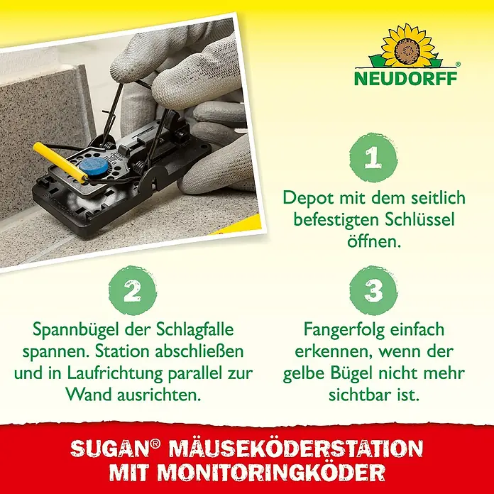 Neudorff Sugan Mausefalle Köderstation & Duftköder - Schlagfalle, Kunststoff - Anleitung zur Verwendung der Sugan Mäuseköderstation mit Monitoringköder, inklusive Öffnen, Spannen und Erkennen des Fangerfolgs.