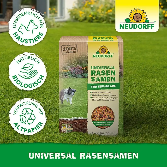 Neudorff Rasensamen Universal - 1 kg, 50 m² - Rasensamenpackung von Neudorff. Für einen dichten, grünen Rasen. Umweltfreundliche Verpackung aus Altpapier.
