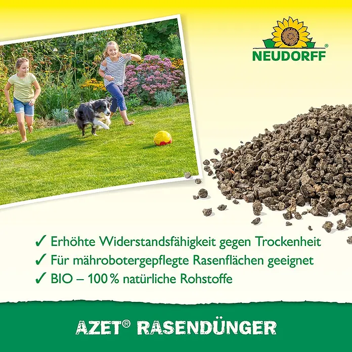 Neudorff Azet Rasendünger - 10,05 kg, Max. Anwendungsfläche: 201 m² - Produktbild von Neudorff Azet Rasendünger, einem organischen Dünger für widerstandsfähigen und gesunden Rasen.