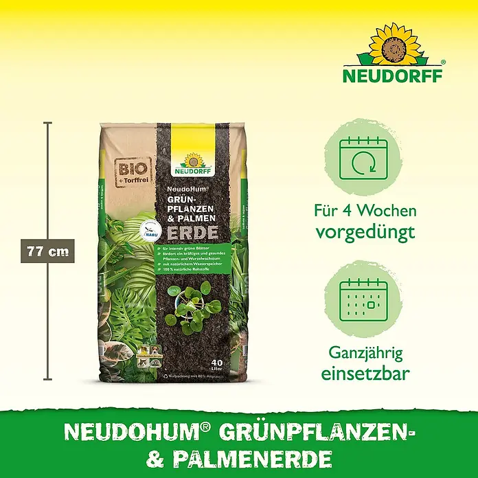 Neudorff NeudoHum Grünpflanzen- & Palmenerde - 40 l - Das Produkt ist NeudoHum® Grünpflanzen- & Palmenerde, eine torffreie Bio-Erde für kräftiges Wachstum.
