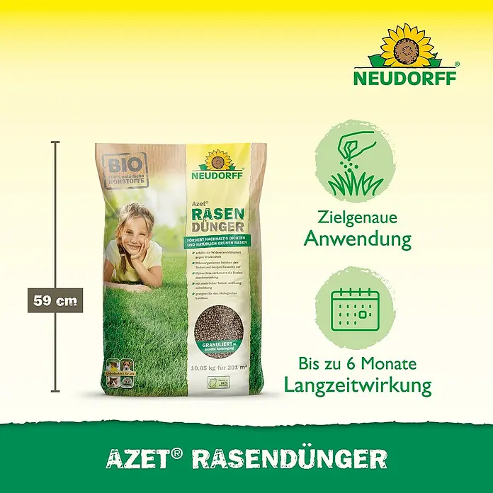 Neudorff Azet Rasendünger - 10,05 kg, Max. Anwendungsfläche: 201 m² - Rasendünger von Neudorff, ein Bio-Produkt für einen dichten, grünen Rasen, der bis zu 6 Monate Langzeitwirkung bietet.