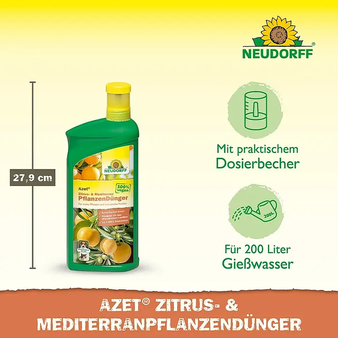 Neudorff Azet Zitrusdünger Zitrus- & Mediterranpflanzen - 1 l - Produktbild von Neudorff Azet Zitrus- und Mediterranpflanzendünger, einem veganen Dünger für Zitrus- und mediterrane Pflanzen mit 27,9 cm Höhe.