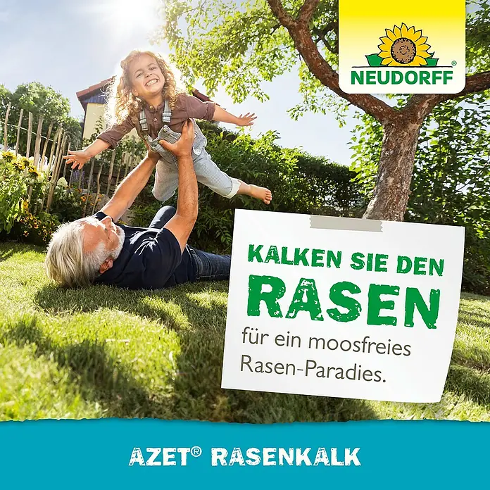 Neudorff Azet Gartenkalk - 5 kg - Anzeige für Neudorff Azet Rasenkalk: Ein Großvater hebt seine Enkelin im Garten hoch, umgeben von üppigem, moosfreiem Rasen.