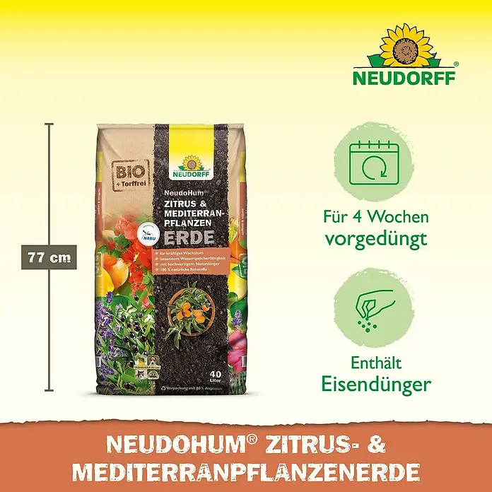 Neudorff NeudoHum Zitruspflanzenerde Zitrus- & Mediterranpflanzen - 40 l - Abbildung des NeudoHum Zitruserde-Sacks, torffrei und für 4 Wochen vorgedüngt, mit Eisendünger für Zitrus- und mediterrane Pflanzen.