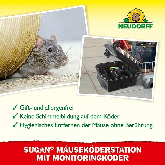 Neudorff Sugan Mausefalle Köderstation & Duftköder - Schlagfalle, Kunststoff - Bild von NEUDORFF Sugan® Mäuseköderstation mit Monitoringköder, gift- und allergenfrei, mit Maus.