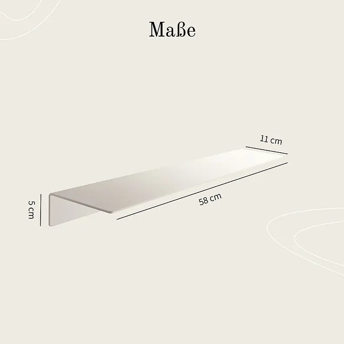 Designfabrik Hamburg Badablage - Breite: 58 cm, Aluminium, Weiß - Abbildung eines weißen Wandregals mit den Maßen 58 cm Länge, 11 cm Tiefe und 5 cm Höhe. Unter dem Regal steht der Titel "Maße".