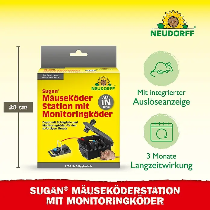 Neudorff Sugan Mausefalle Köderstation & Duftköder - Schlagfalle, Kunststoff - Abbildung der Sugan® Mäuseköderstation mit Monitoringköder von Neudorff, einer effektiven und hygienischen Lösung zur Schädlingsbekämpfung.