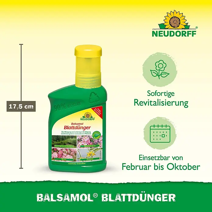Neudorff Grünpflanzendünger Balsamol Blattdünger - 250 ml - Produktabbildung des Neudorff Balsamol Blattdünger, einem Dünger für immergrüne und andere Pflanzen, in einer grünen Flasche.