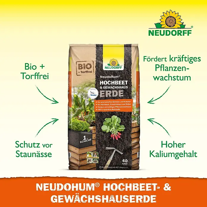 Neudorff NeudoHum Hochbeeterde - 40 l - Abbildung einer Packung NeudoHum Hochbeet- & Gewächshauserde, torffreie Bio-Erde für kräftiges Pflanzenwachstum.