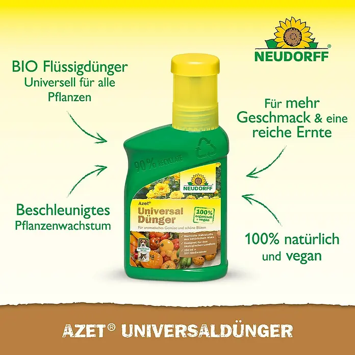 Neudorff Azet Universaldünger - 250 ml - Abbildung einer Flasche Azet Universaldünger, ein organischer und veganer Flüssigdünger für alle Pflanzenarten mit dem Neudorff Logo.