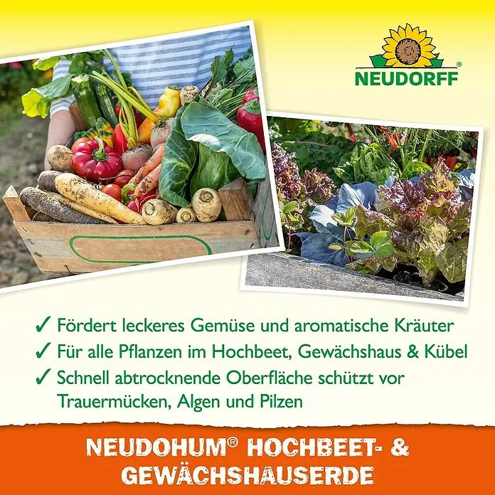 Neudorff NeudoHum Hochbeeterde - 40 l - Anzeige für Neudohum® Hochbeet- & Gewächshauserde, die leckeres Gemüse und Kräuter fördert und vor Schädlingen schützt.