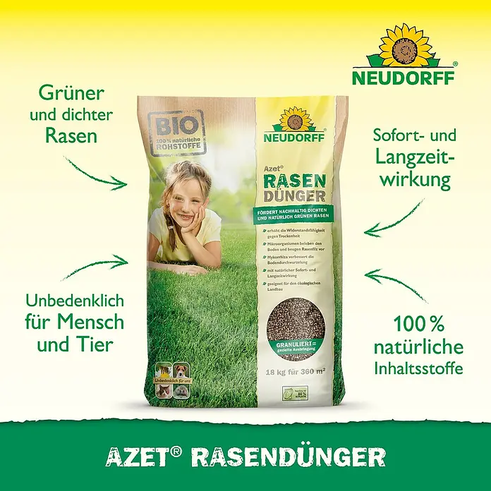 Neudorff Azet Rasendünger - 18 kg, Max. Anwendungsfläche: 360 m² - Produktbild: Neudorff Azet Rasendünger, ein natürlicher Dünger für grünen, dichten Rasen, unbedenklich für Mensch und Tier.
